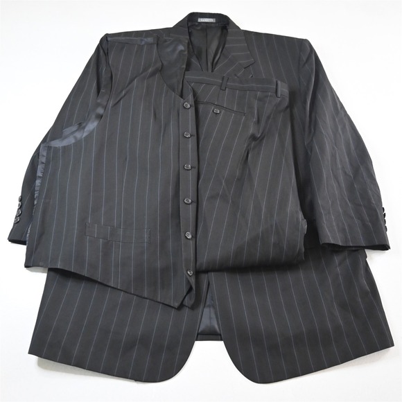 Vanetti 52R 44x28 Black Striped 3 Piece Vest‎ Mens Jacket Pants Suit